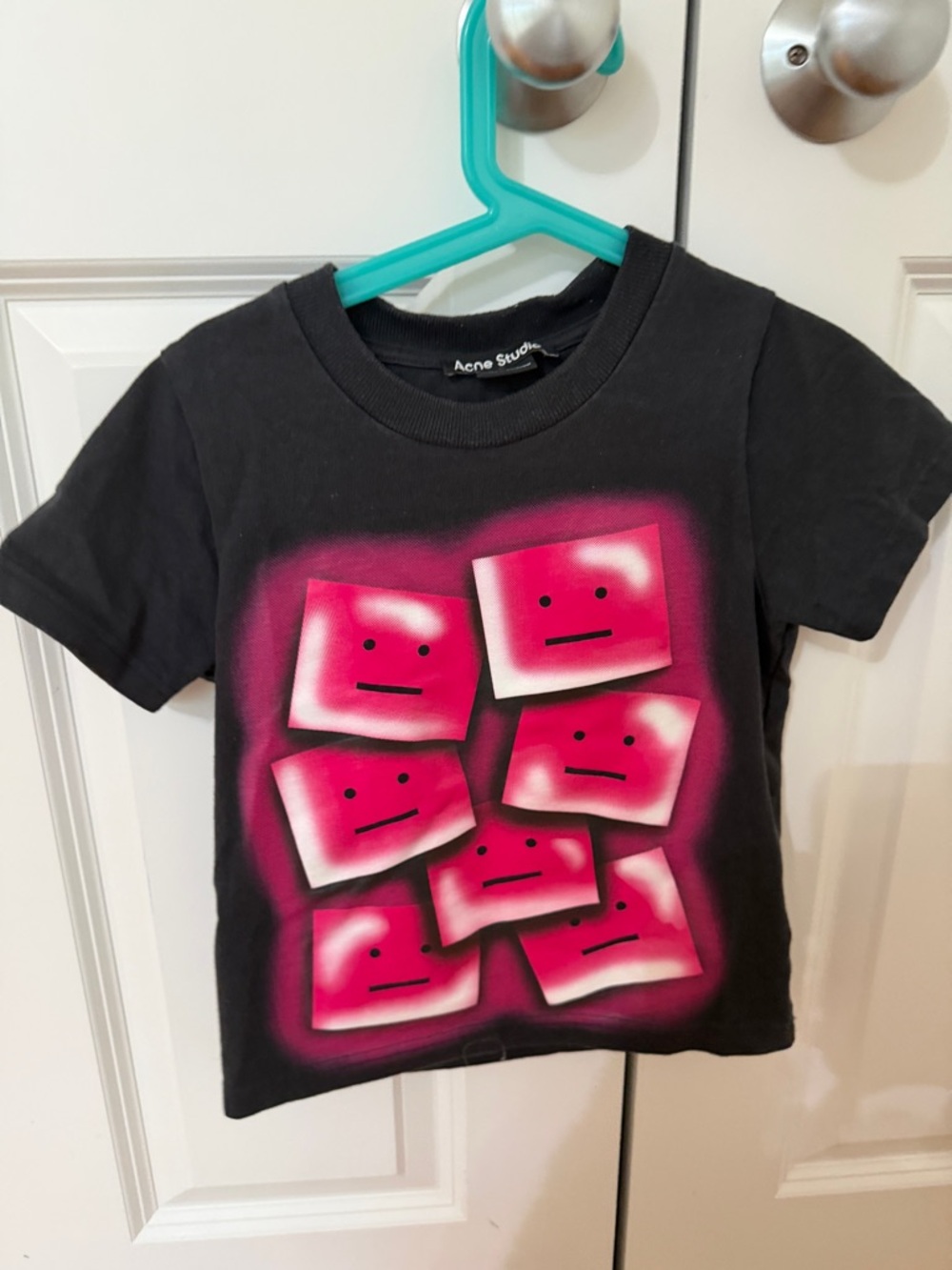 Acne Studios Black Tee with Neon Pink Graphic Squares 4-5T